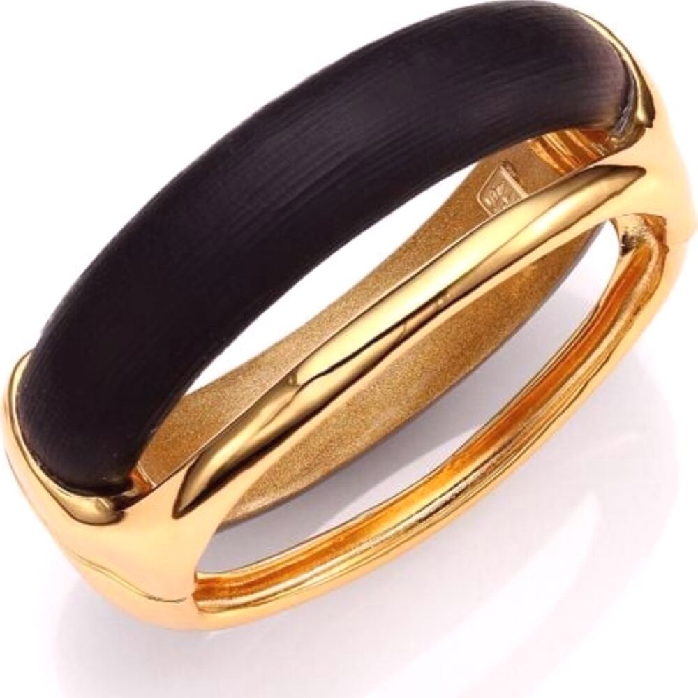 Alexis Bittar Double Stack Gold-Tone and Black Lucite Hinge Bracelet Bangle-NWOT - Picture 9 of 9
